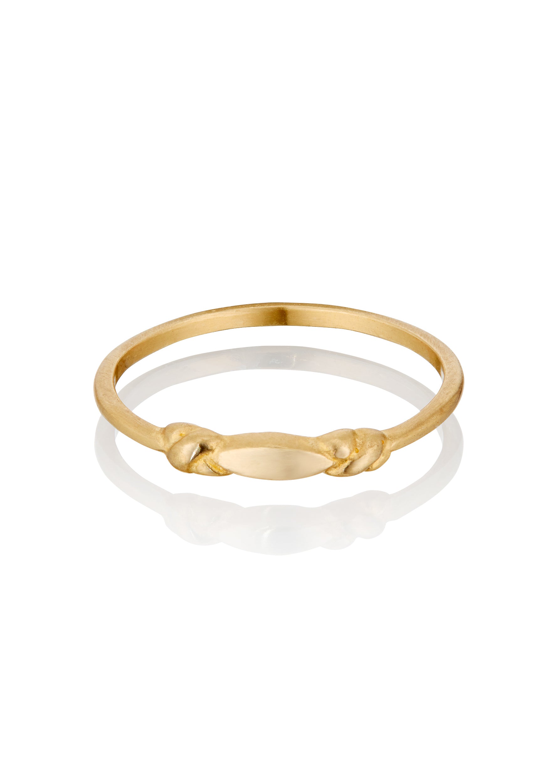 Like a cornice of a treasured landmarked building, the Bond ring features two intricate knots bonded astride a pointed oval–a dainty band ideal for everyday, for wearing solo or layering.