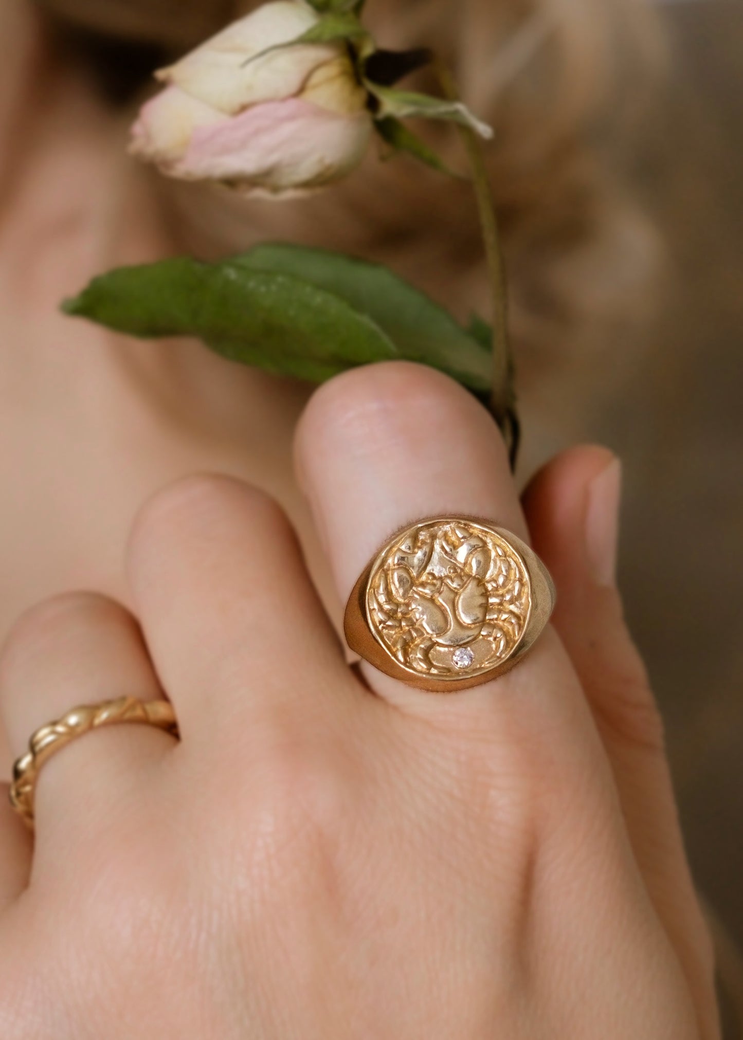The fourth sign of the Zodiac, water sign Cancer is deeply intuitive, dedicated to their family and protective of their home. A hand-carved crab with resplendent pincers creates a necklace that captures the power of the celestial sky.