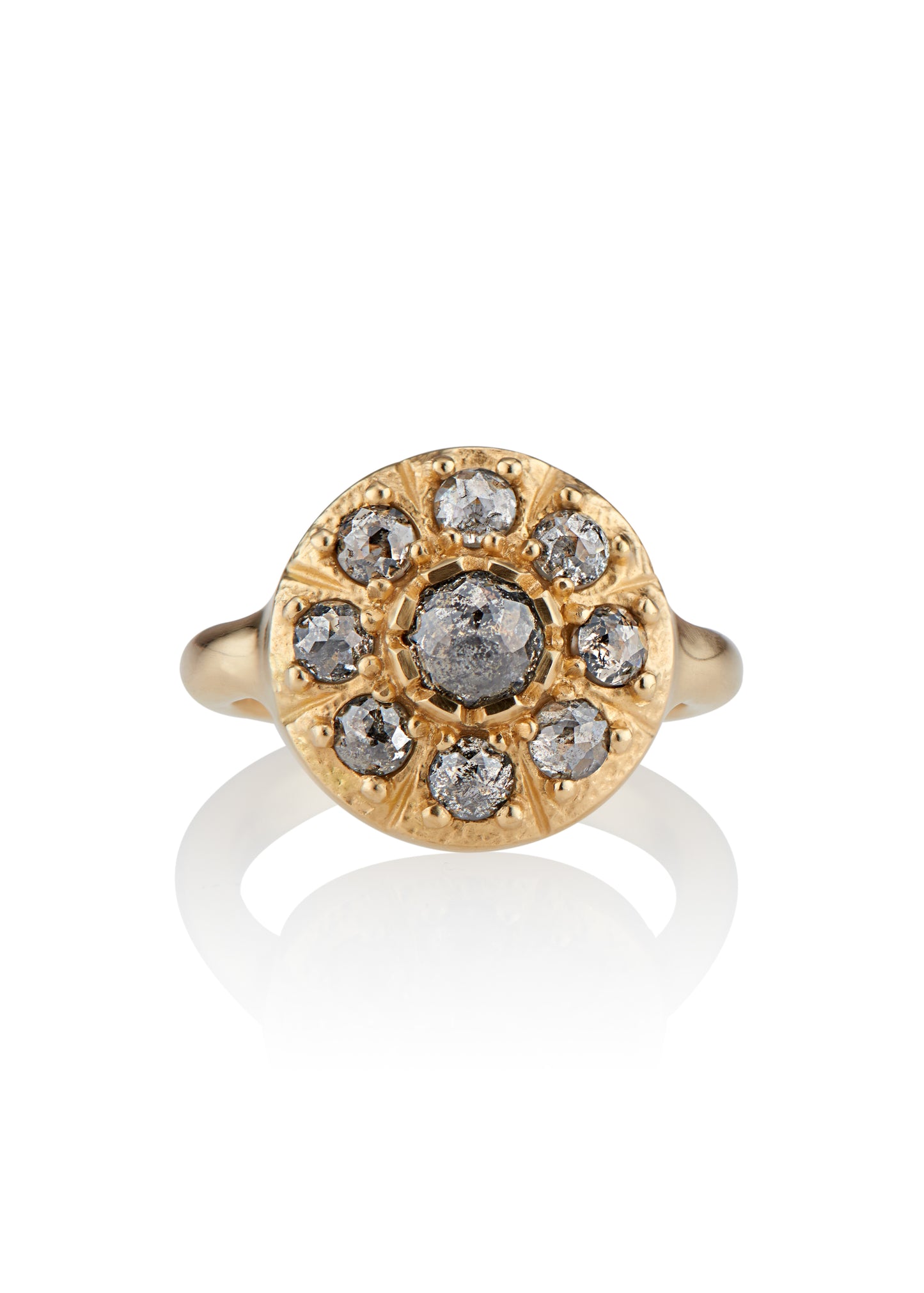 Capturing the richness and romance of its eponymous era, the Georgian ring boasts an exquisite arrangement of rose cut diamonds that celebrates the marriage between gold and stone. As timeless as it is beautiful, this piece is an instant heirloom—classic, ornate and otherworldly.