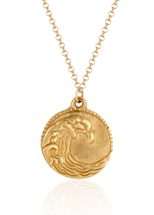 The eleventh sign of the Zodiac, air sign Aquarius is a deep thinker who wants to change the world. A hand-carved wave graces this pendant for a necklace that captures the power of the celestial sky.