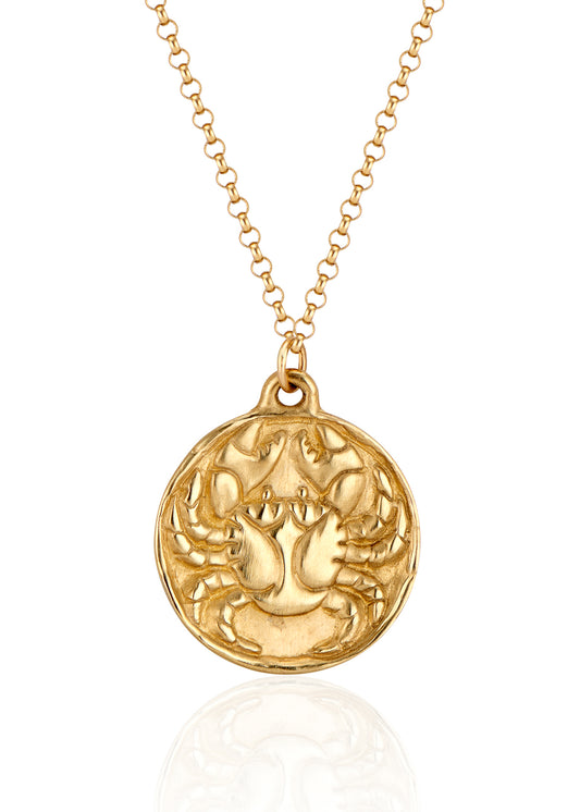 The fourth sign of the Zodiac, water sign Cancer is deeply intuitive, dedicated to their family and protective of their home. A hand-carved crab with resplendent pincers creates a necklace that captures the power of the celestial sky.