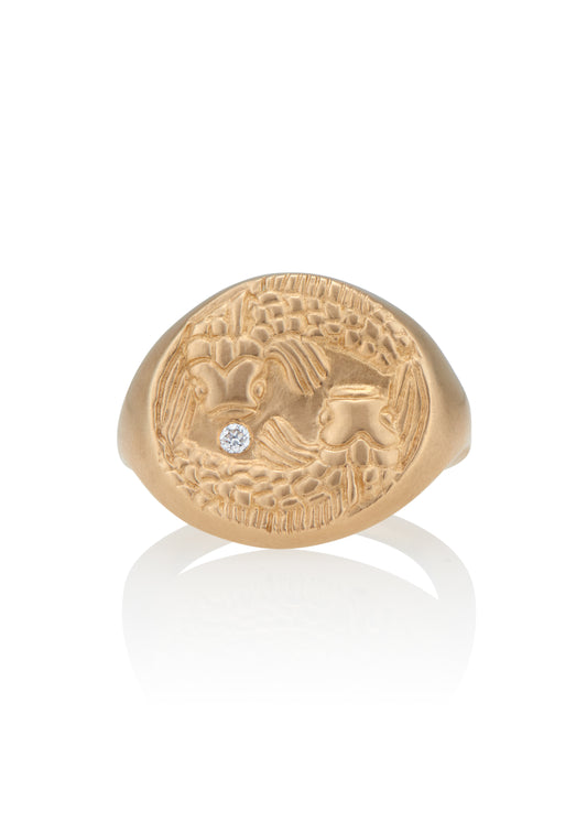 The twelfth sign of the Zodiac, water sign Pisces is a natural born helper who loves to be around others, selflessly giving without expecting in return. Hand-designed fish are accented with a precious diamond for a ring that captures the power of the celestial sky.
