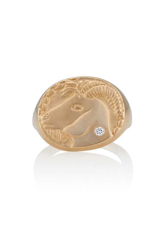 The tenth sign of the Zodiac, Earth sign Capricorn is fiercely independent and responsible, grounded in reality that they can mold to their will. A hand-carved, moody bearded goat is accented with a precious diamond for a ring that captures the power of the celestial sky.