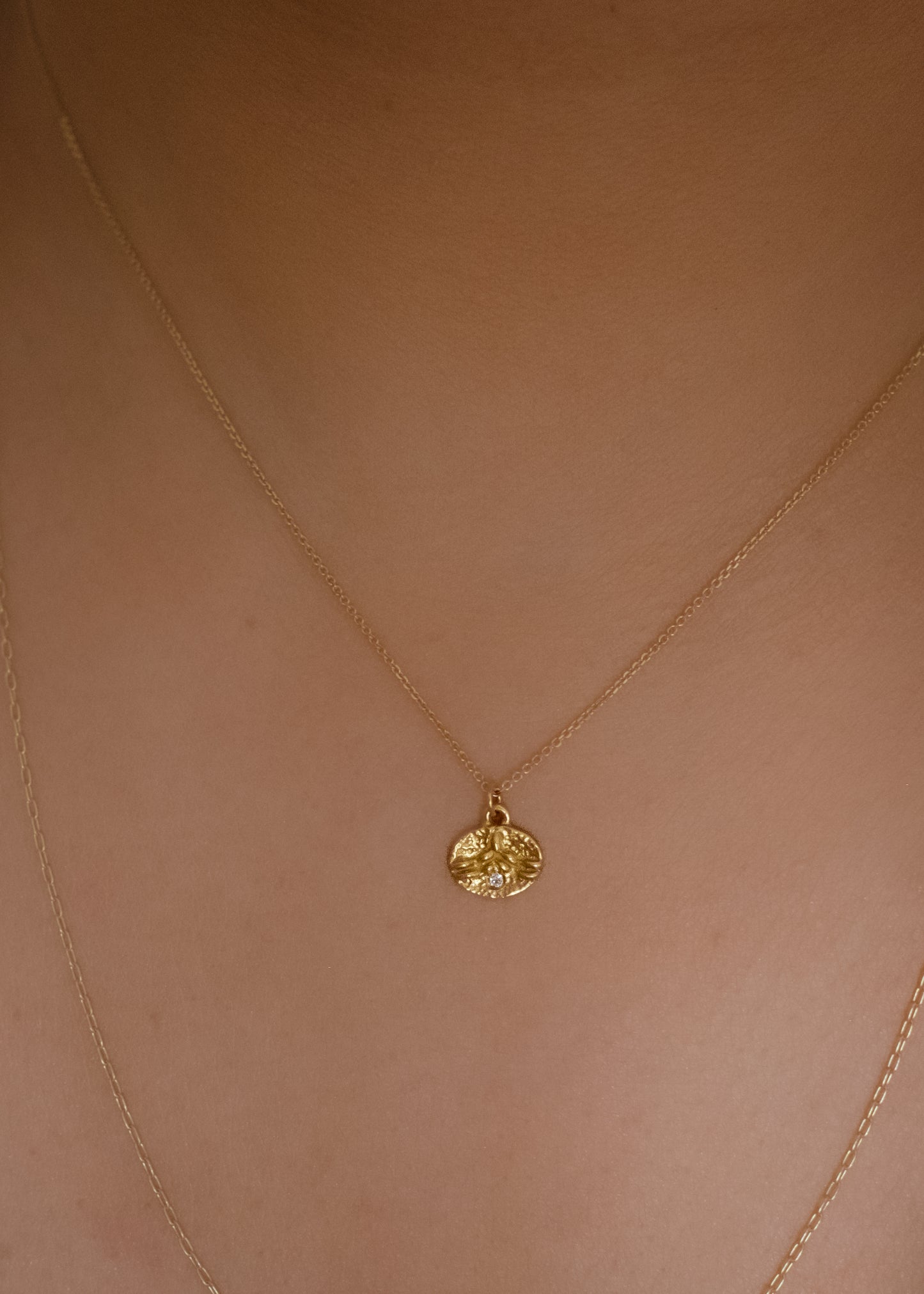 Inspired by the tiny beads of dew that cling to blades of grass on an early summer morning, the Dew necklace is hand-carved to reveal intricate texture and pattern across its coin-shaped pendant. A brilliant diamond catches the light, evocative of a dew drop itself—reflecting and refracting the beauty which surrounds it.