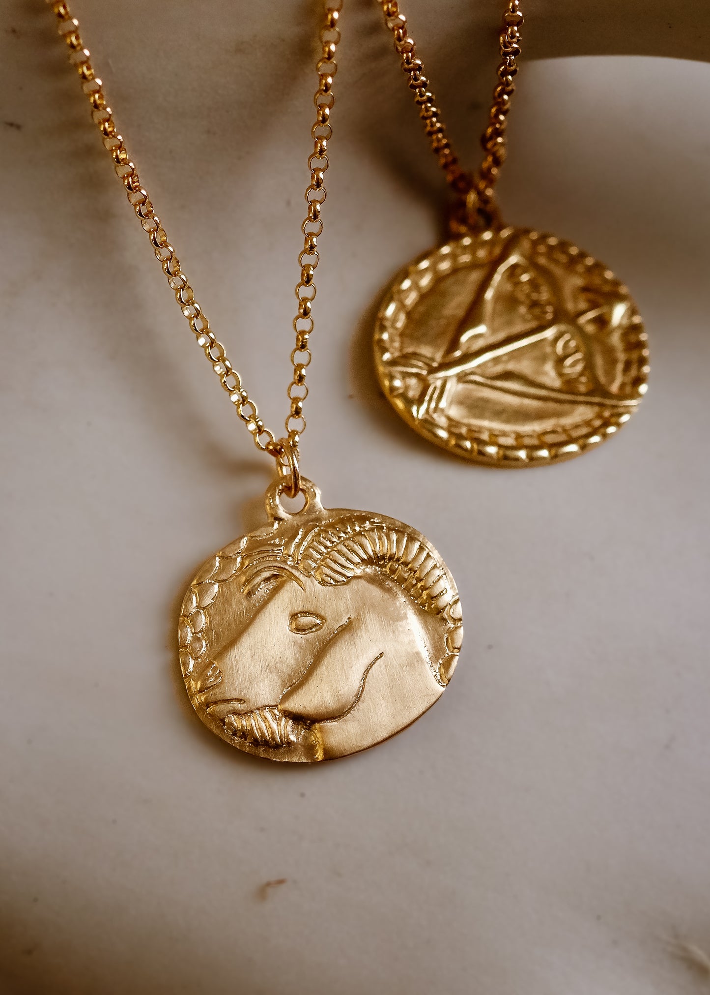 The tenth sign of the Zodiac, Earth sign Capricorn is fiercely independent and responsible, grounded in reality that they can mold to their will. A hand-carved, moody bearded goat creates a necklace that captures the power of the celestial sky.
