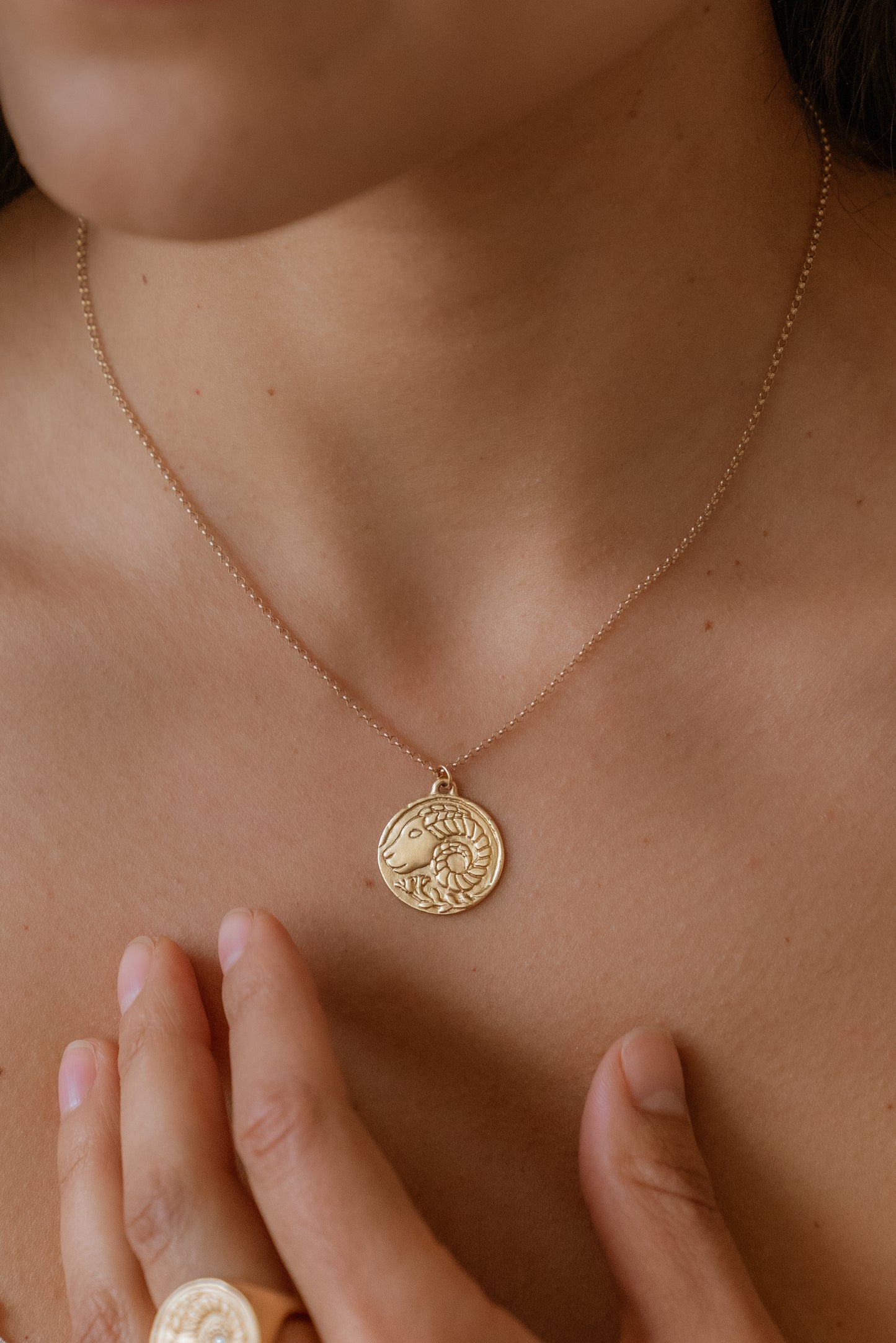 The first sign of the Zodiac, fire sign Aries harkens new beginnings and embodies action. A hand-carved Ram, dignified and strong, graces this pendant—a necklace that captures the power of the celestial sky.