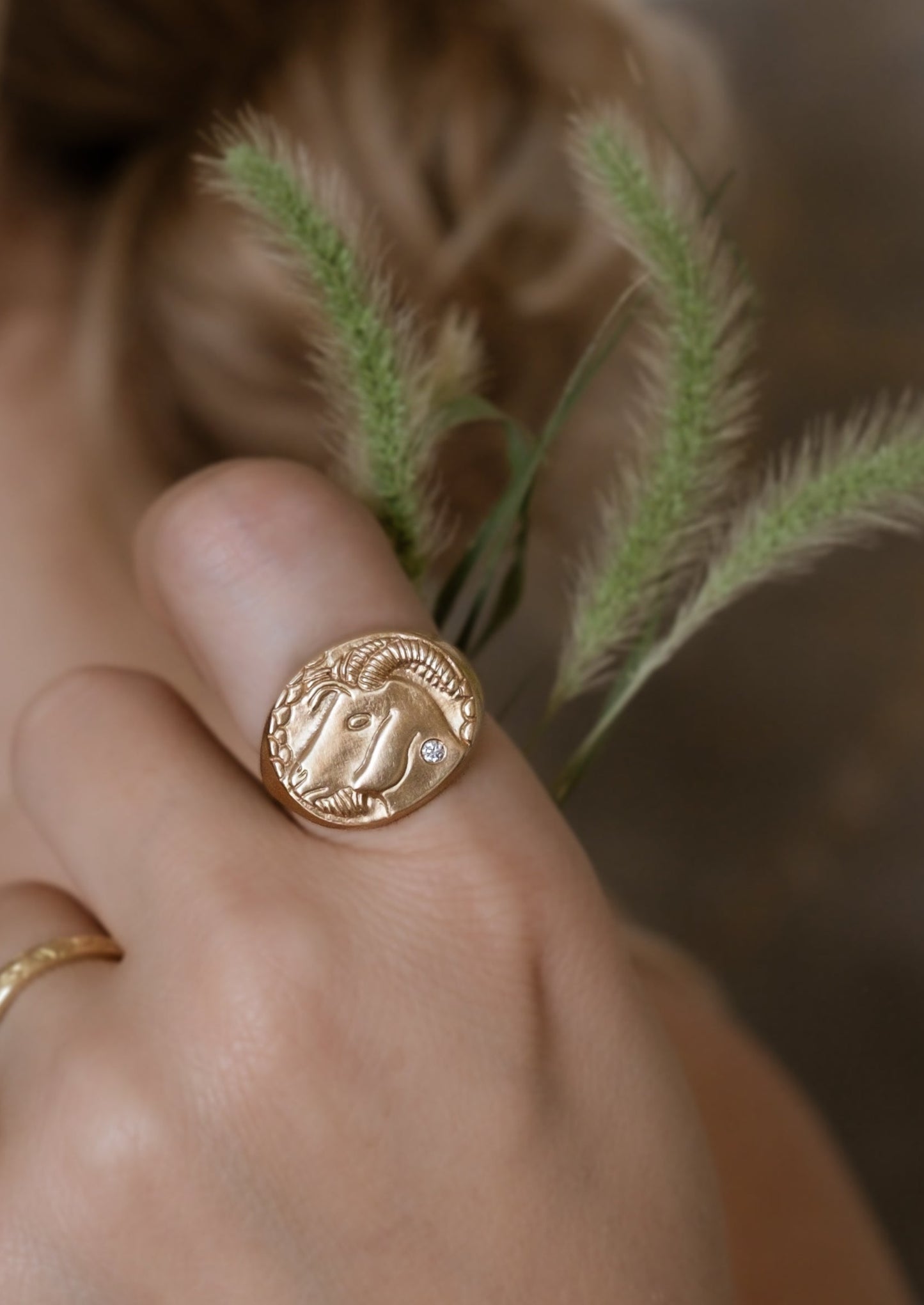 The tenth sign of the Zodiac, Earth sign Capricorn is fiercely independent and responsible, grounded in reality that they can mold to their will. A hand-carved, moody bearded goat is accented with a precious diamond for a ring that captures the power of the celestial sky.