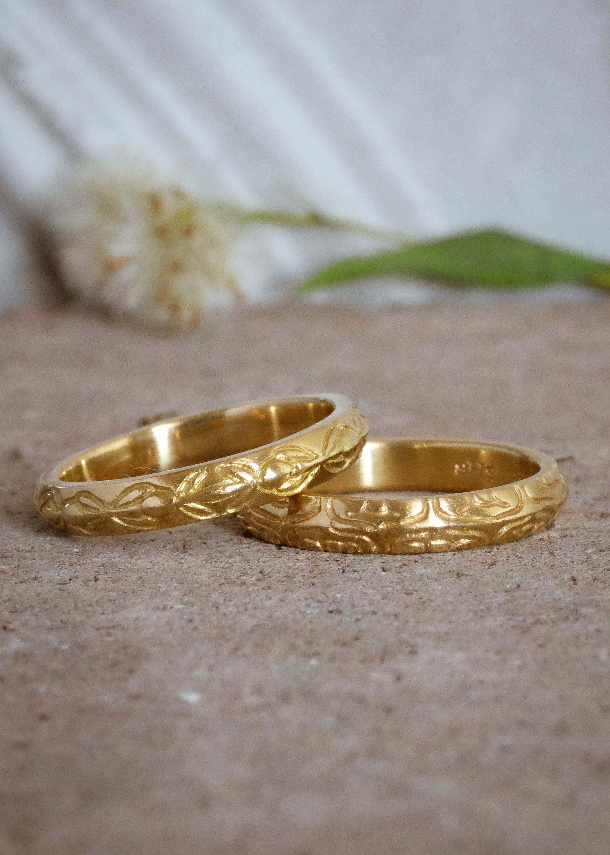 Inspired by the Aramiac word for “twin,” the Mina ring was originally designed for a customer who requested two bands that shared deep similarities, yet claimed their own unique beauty. Delicate lines gently advance and retreat, creating an intricate, detailed pattern.
