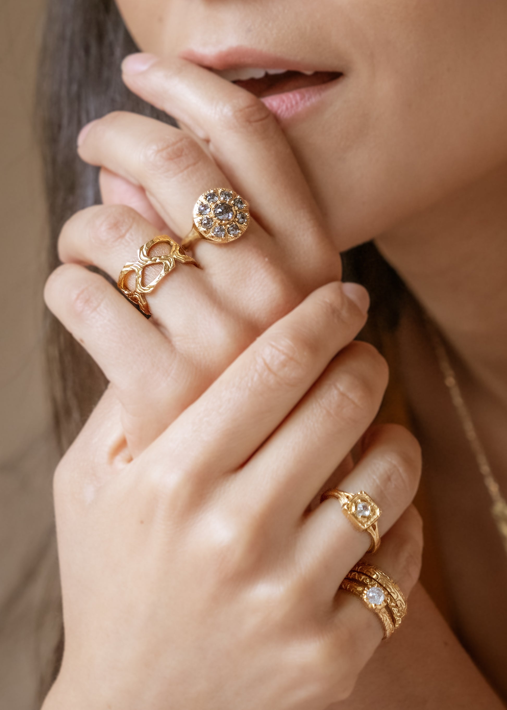 Capturing the richness and romance of its eponymous era, the Georgian ring boasts an exquisite arrangement of rose cut diamonds that celebrates the marriage between gold and stone. As timeless as it is beautiful, this piece is an instant heirloom—classic, ornate and otherworldly.