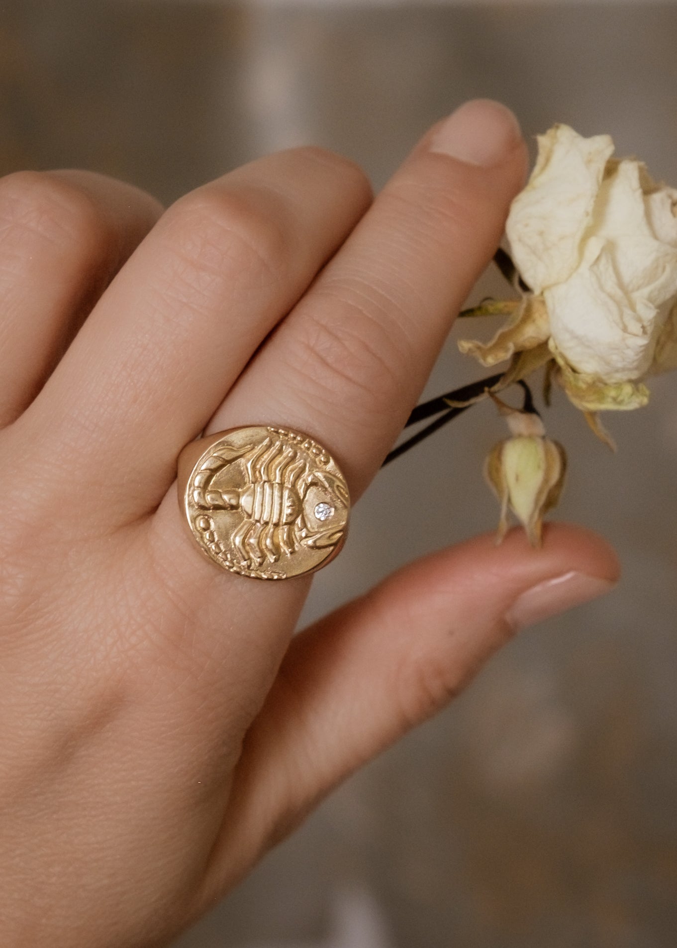 The eighth sign of the Zodiac, water sign Scorpio is a passionate truth-seeker who leads with decisiveness. A hand-detailed, fierce yet whimsical scorpion is accented with a precious diamond for a ring that captures the power of the celestial sky.