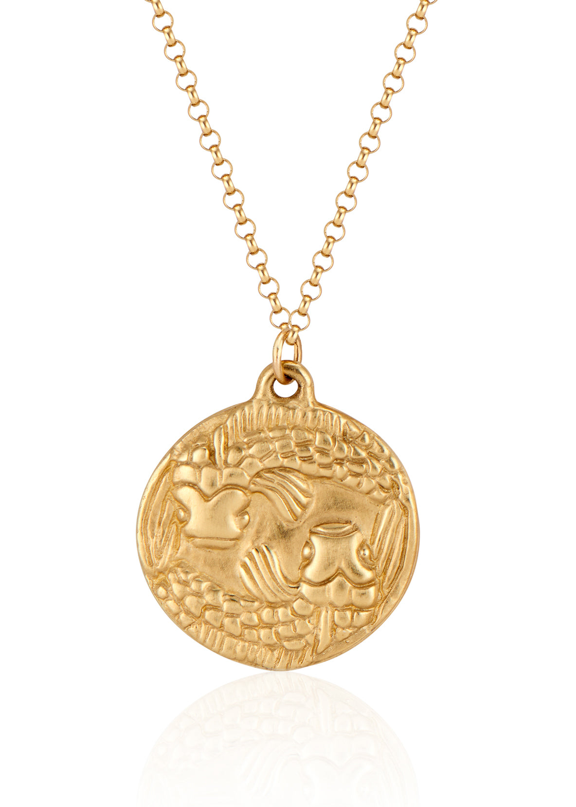 The twelfth sign of the Zodiac, water sign Pisces is a natural born helper who loves to be around others, selflessly giving without expecting in return. Hand-carved fish grace this pendant for a necklace that captures the power of the celestial sky.