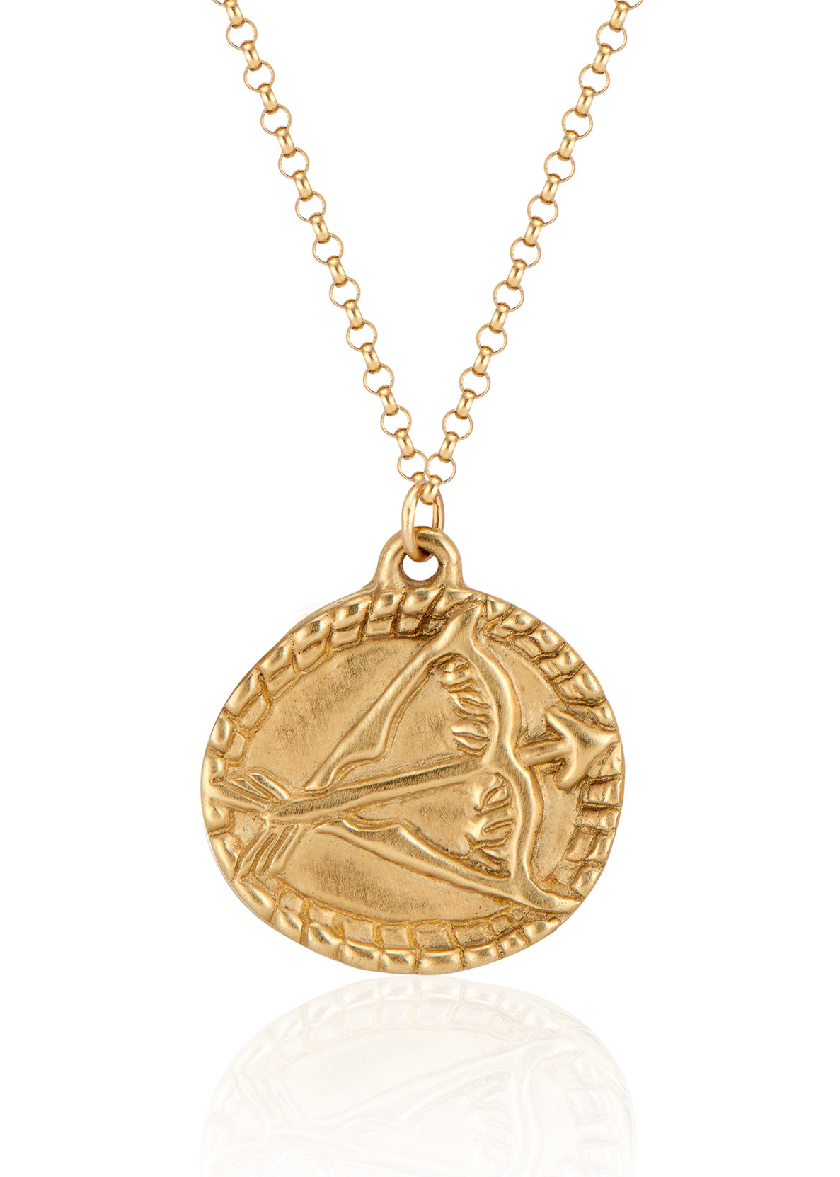 The ninth sign of the Zodiac, fire sign Sagittarius is a passionate traveler whose natural curiosity ignites their adventures. A hand-carved bow and arrow graces this pendant for a necklace that captures the power of the celestial sky.