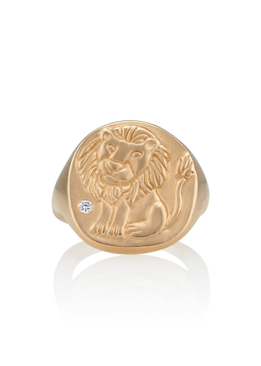 The fifth sign of the Zodiac, fire sign Leo is a natural leader, strong and creative in their approach to the world. A hand-carved, whimsical yet mighty little lion is accented with a precious diamond for a ring that captures the power of the celestial sky. 