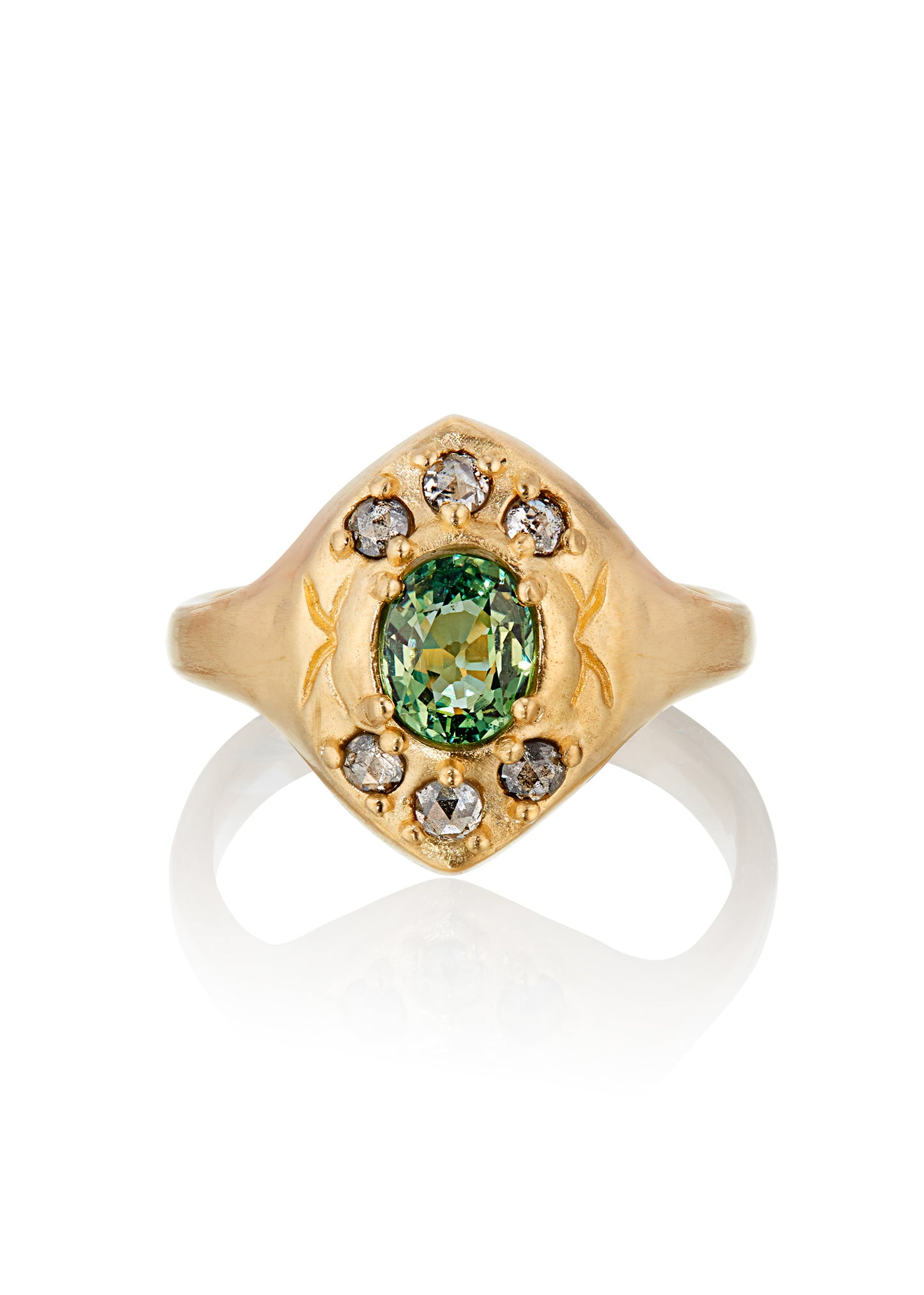 A resplendent portal to a bygone era, the Lucent ring borrows inspiration from the Gothic arches of a treasured riverside cathedral. Aligned to highlight the points of the arches, rose cut diamonds and a breathtaking green sapphire appear lit from within, like sunlight streaming through stained glass. A masterful, timeless piece of jewelry.