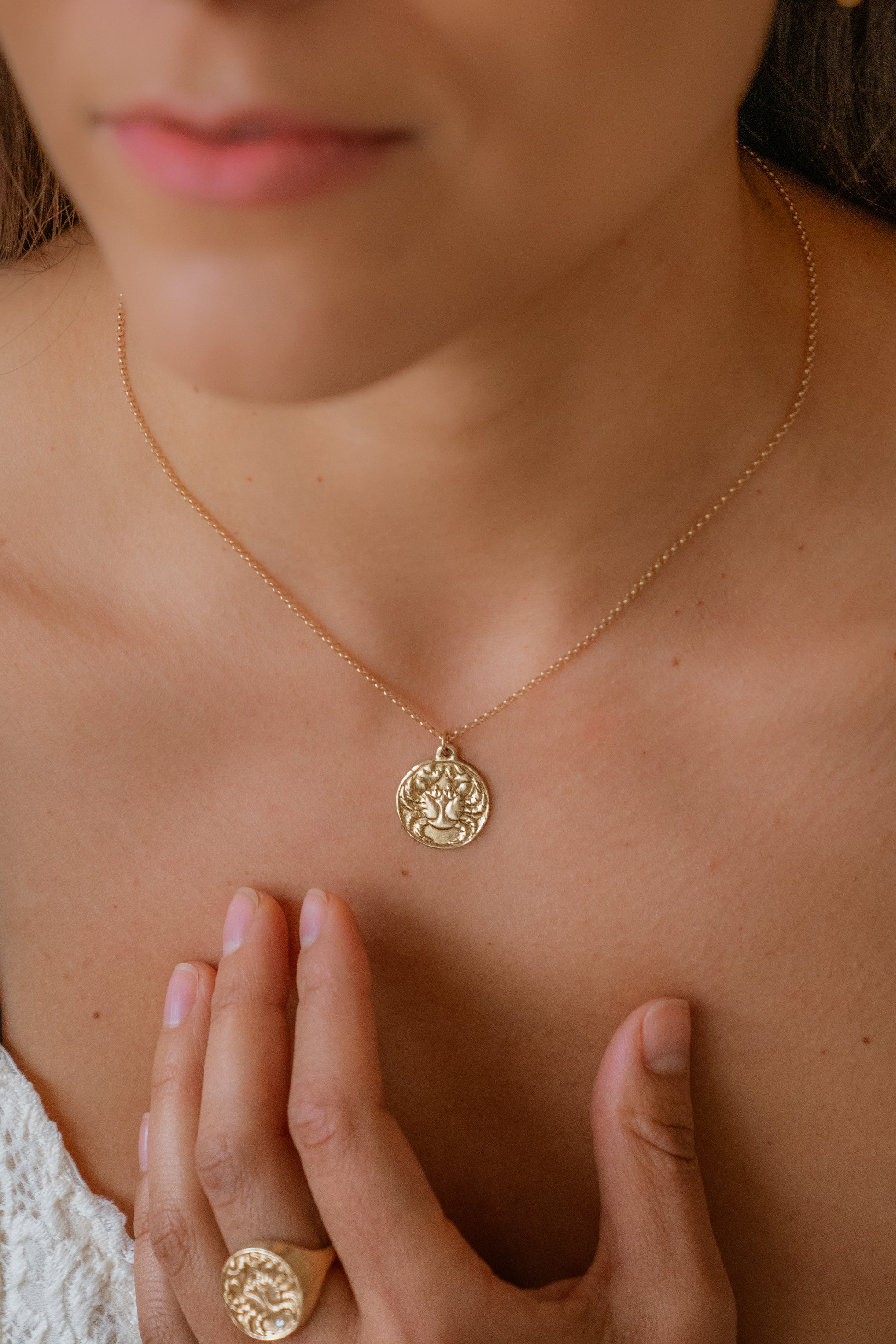 The fourth sign of the Zodiac, water sign Cancer is deeply intuitive, dedicated to their family and protective of their home. A hand-carved crab with resplendent pincers creates a necklace that captures the power of the celestial sky.