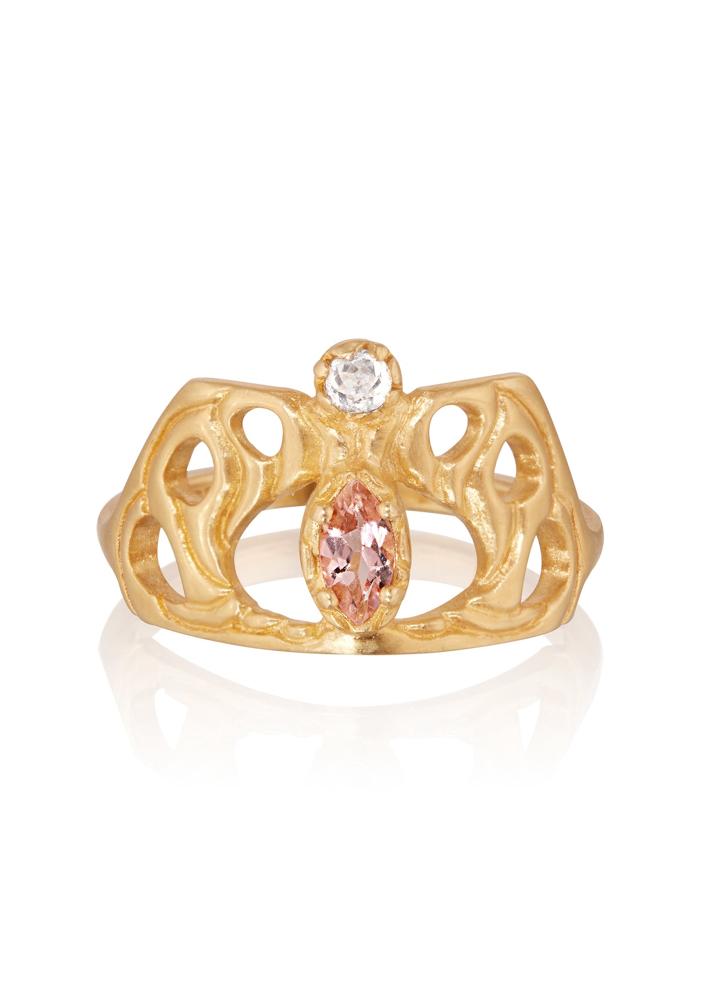 Framed by an intricate open-work pattern, the Anthea ring imagines the Greek goddess rendered in a window of stained glass, cradled by serpentine mullions of gleaming gold. A stunning tourmaline stone and rose cut diamond create a sensuous silhouette on this ring that bears her name. 