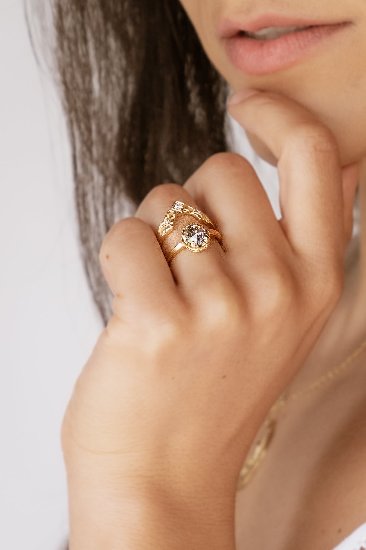 Named for Empress Josephine, this ring pairs perfectly with the Empress nesting band. Still stunning on its own, this ring features a rose cut diamond set securely within four prongs— a minimalist setting that marries a modern aesthetic with echoes of the past. 